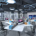 Modern Public Office Interior Design With Hexagonal Lighting Workstations And Computers 3d model