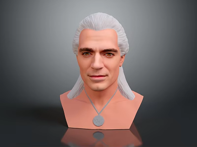 Man With Silver White Long Hair Wearing Round Pendant Necklace Bust Sculpture 3d model