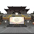 Traditional Chinese Architecture Cultural Stage With Large Screen Red Lanterns Green Trees And Night Moon