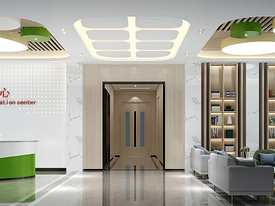 School Reception Area With Green Front Desk Bookshelves Sofa And Lighting Design 3d model