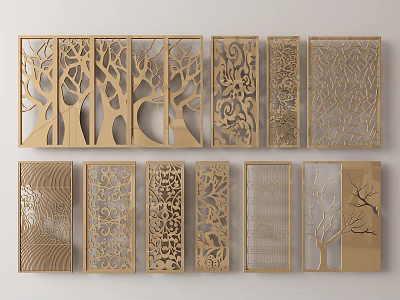 Wooden Room Dividers With Carved Tree And Floral Patterns For Home Interior 3d model