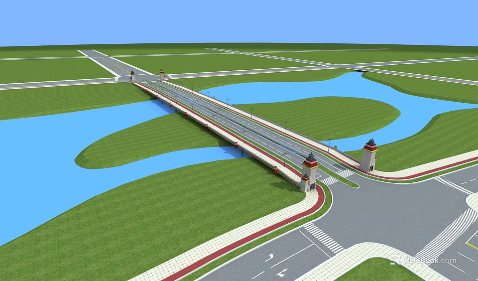 Modern Bridge Spanning River With Green Fields And Decorative Towers Road Connections 3d model 
