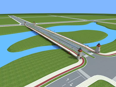 Modern Bridge Spanning River With Green Fields And Decorative Towers Road Connections 3d model
