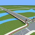Modern Bridge Spanning River With Green Fields And Decorative Towers Road Connections