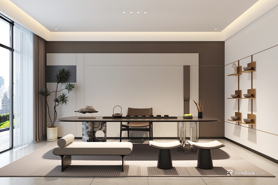 Modern Minimalist Tea Room Interior With Tea Table Tea Sets Plants And Bookshelves 3d model 