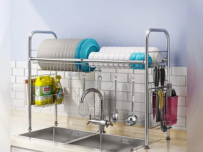 Stainless Steel Kitchen Dish Drying Rack With Dishware Set Plates Bowls Knives And Spoons 3d model