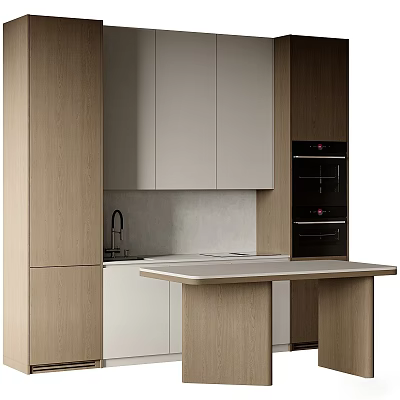 Modern Kitchen With Wooden And Gray Cabinets Island Counter Sink Faucet And Built In Oven 3d model