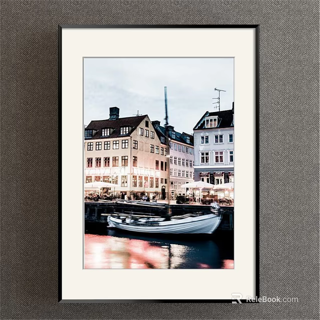 Scenic Landscape Painting With Colorful Buildings Moored Boat And Water Reflections 3d model 