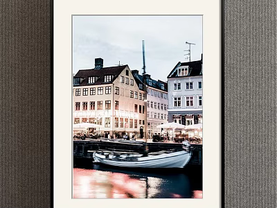 Scenic Landscape Painting With Colorful Buildings Moored Boat And Water Reflections 3d model