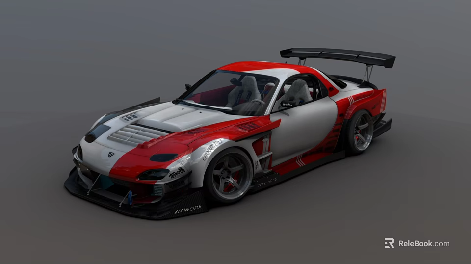 Red And White Modified Sports Car With Large Rear Wing And Aerodynamic Body Kit 3d model 
