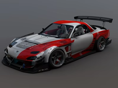 Red And White Modified Sports Car With Large Rear Wing And Aerodynamic Body Kit 3d model