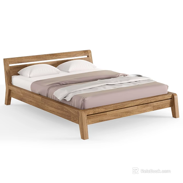Modern Wooden Double Bed With White Pillows And Light Purple Bedding 3d model 