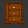 Wooden Bedside Table with Three Drawers Metal Handles and Side Carvings on Short Legs