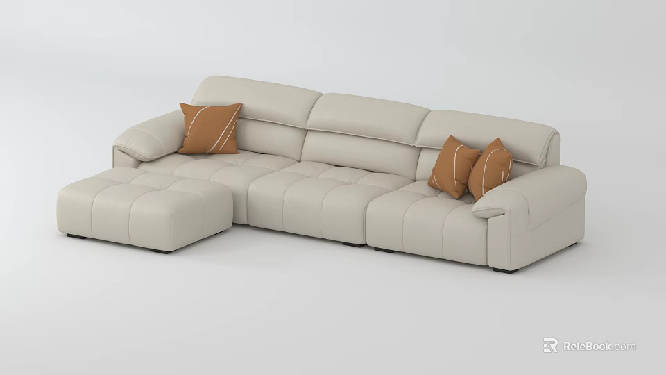 Beige L Shaped Three Seater Leather Sofa With Brown Decorative Throw Pillows 3d model