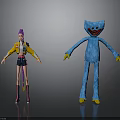 3D Animated Character Models With Purple Hair Girl And Blue Long Limb Monster