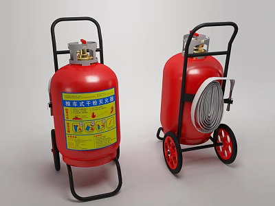 Red Wheeled Fire Extinguishers with Hose and Safety Labels for Fire Protection 3d model