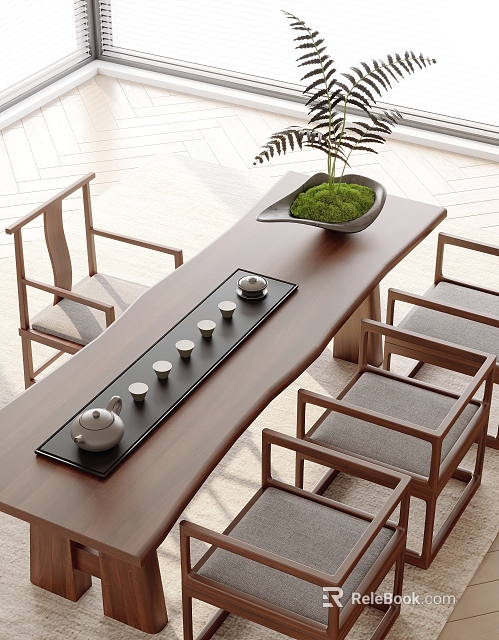 Chinese Style Wooden Tea Table With Chairs Gray Cushions Tea Set And Moss Plant 3d model 