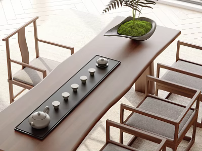 New Chinese Style Tea Table and Chair Tea Set Wood Floor Venetian Blinds 3d model