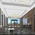 Hotel Public Lounge Area With Comfortable Sofa Coffee Table Chandelier Large Windows And Reception Desk