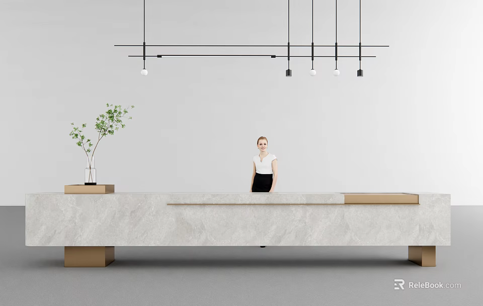 Modern Reception Desk With Marble Top Pendant Lights Green Plant And Receptionist 3d model 