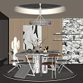 Modern Restaurant Interior With Dining Table Chairs Marble Wall Artwork And Pendant Light 3d model