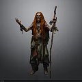 Man with red hair and long beard in tattered clothes holding staff on gray background