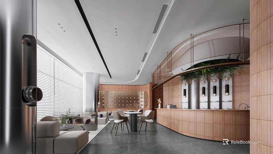 Modern Lounge Area Interior Design With Cozy Sofa Coffee Table Green Plants And Large Windows 3d model 