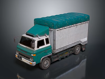 Green Cab Commercial Truck Featuring Roll Up Door And Tarpaulin Covered Cargo Bed 3d model