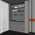 Modern Gray and White Sideboard Cabinet with Drawers Shelves Wine Glasses Plates Lighting Design