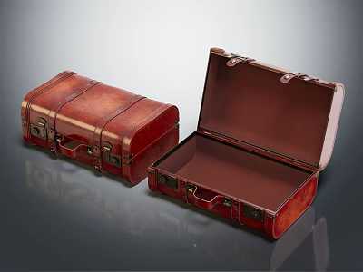 Two Red Leather Suitcases Open and Closed with Brown Interior Details 3d model