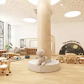 Kindergarten Interior Design With Wooden Walls Climbing Wall Round Balls And Arched Windows