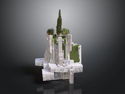 Detailed Stone Architectural Model With Layered Platforms Trees And Green Grass 3d model