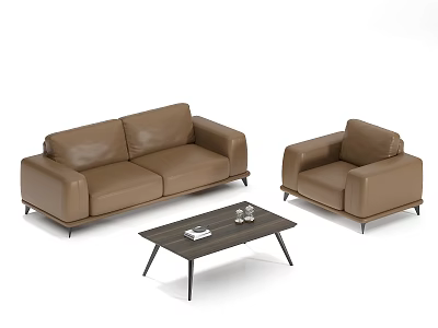 Modern Brown Leather Sofa and Coffee Table Set with Armchair and Decor Items 3d model