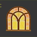 Classic Arched Window Design With Brown Frame And Yellow Orange Stained Glass