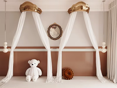 White Bed Canopy with Golden Crown Top White Teddy Bear Brown Wall and Mirror 3d model
