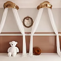 White Bed Canopy with Golden Crown Top White Teddy Bear Brown Wall and Mirror