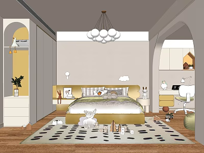 Cozy Kids Room With Spherical Chandelier Bed Cloud Decor And Black White Spotted Rug 3d model