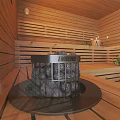 Relaxing SPA Sauna Room with Wooden Benches Traditional Stove Green Plants and Warm Lighting