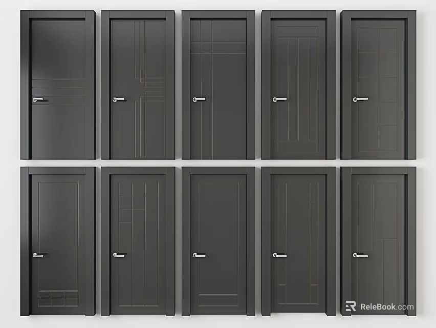 Multiple Modern Black Swing Doors With Different Designs And Metal Handles 3d model