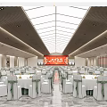 Elegant Banquet Hall With White Chairs Green Ribbons Round Tables And Ceiling Lighting