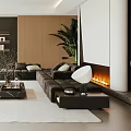Modern Living Room Interior With Sectional Sofa Coffee Table Fireplace And Floor To Ceiling Windows