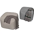 Beige and Gray Upholstered Ottomans With Soft Blanket and Plaid Throw 3d model