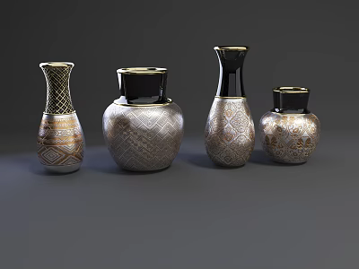 Four Decorative Silver And Gold Patterned Vases With Black Rims On 3d model