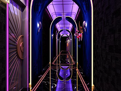 KTV Arched Corridor With Purple And Blue Lighting Mirrored Flooring And Golden Decorations 3d model