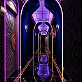 KTV Arched Corridor With Purple And Blue Lighting Mirrored Flooring And Golden Decorations