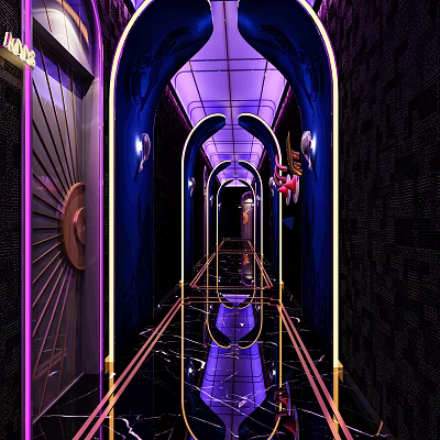 KTV Arched Corridor With Purple And Blue Lighting Mirrored Flooring And Golden Decorations 3d model