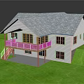 Residential House With Gray Roof White Walls Wooden Porch Railings Stairs And Lush Green Lawn