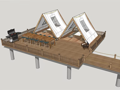 Glamping Camping Site With Wooden Deck Tents Outdoor Dining And Grill Facilities 3d model