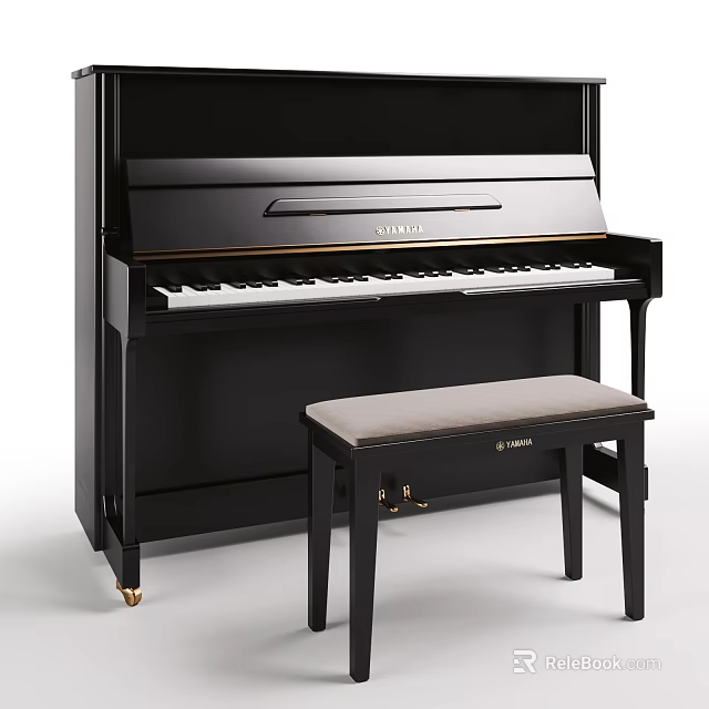 Elegant Black Yamaha Piano With Black Stool And Beige Cushion For Musical Instrument 3d model 