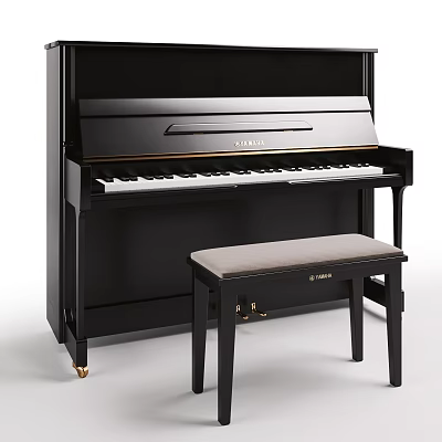 Elegant Black Yamaha Piano With Black Stool And Beige Cushion For Musical Instrument 3d model